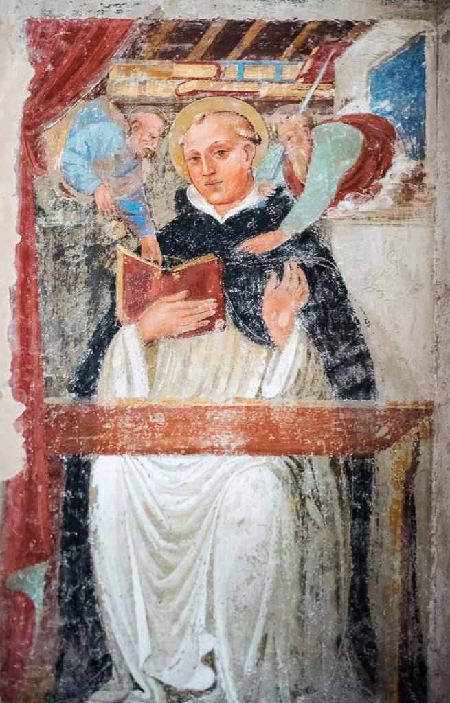 st dominic receives scrupture and staff from sts peter and paul, bologna, fresco,