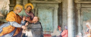fresco Santa Maria Novella, cloister, Dominic receives the Gospel and Staff,
