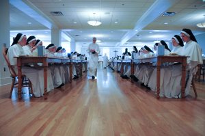 Sisters eat in silence while listening to a spiritual book being read so that our souls are fed as well as our bodies.